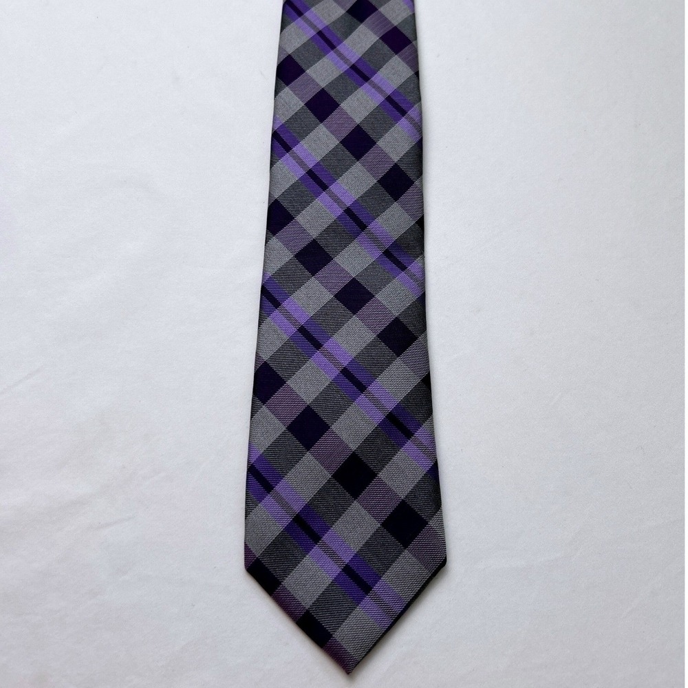 Jos. A. Bank Mens Necktie Purple Grey Plaid 100% Silk Joseph Hand Made Tie